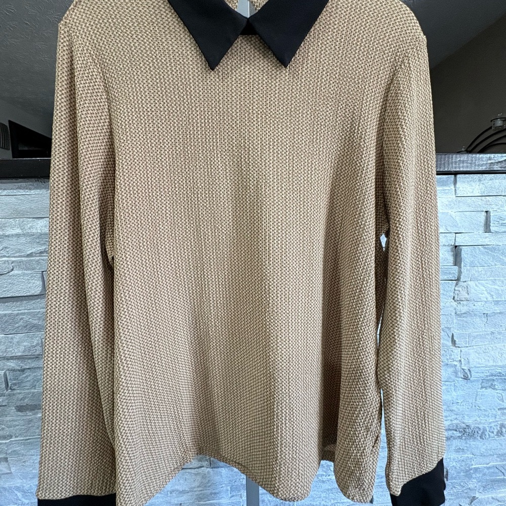 Textured Tan Shirt with Black Contrast Collar